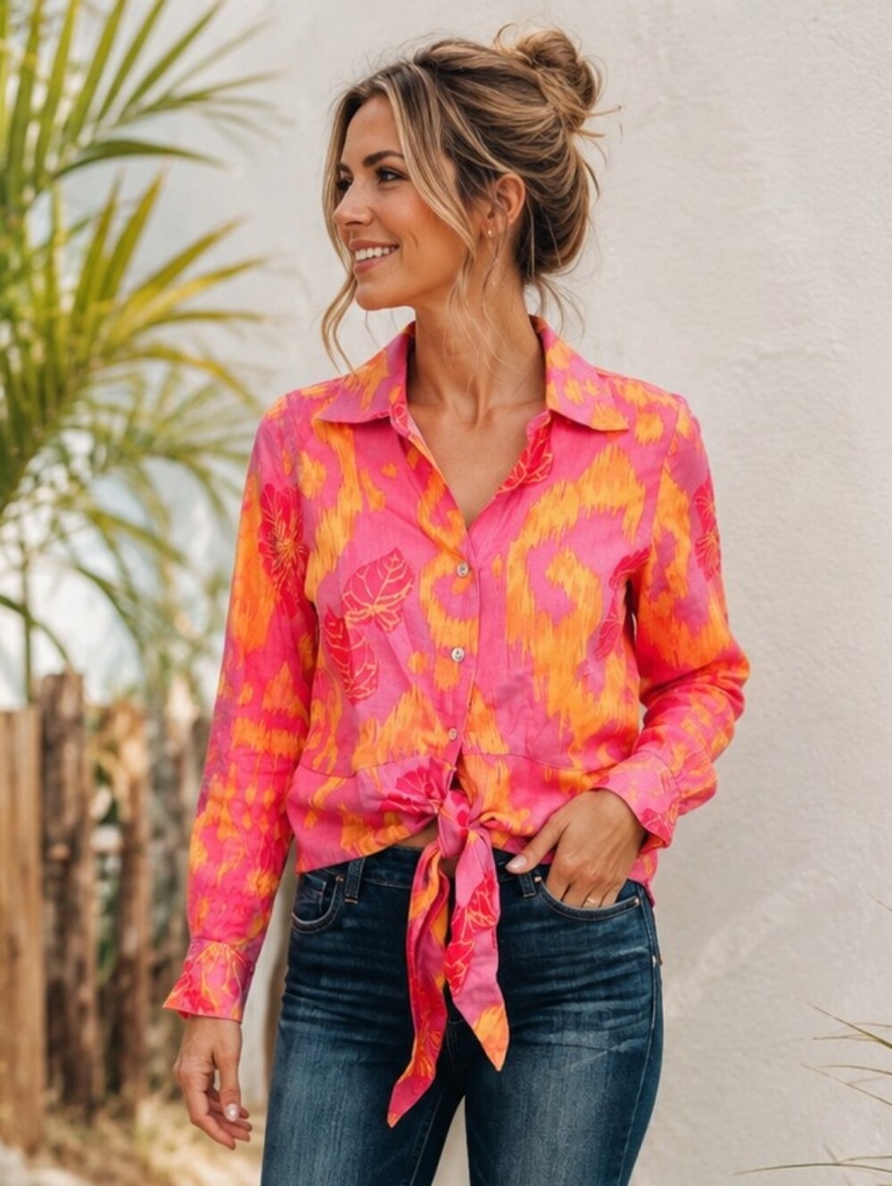 Christian Siriano New York Pink Orange Floral Linen Blend Tie Front Top S